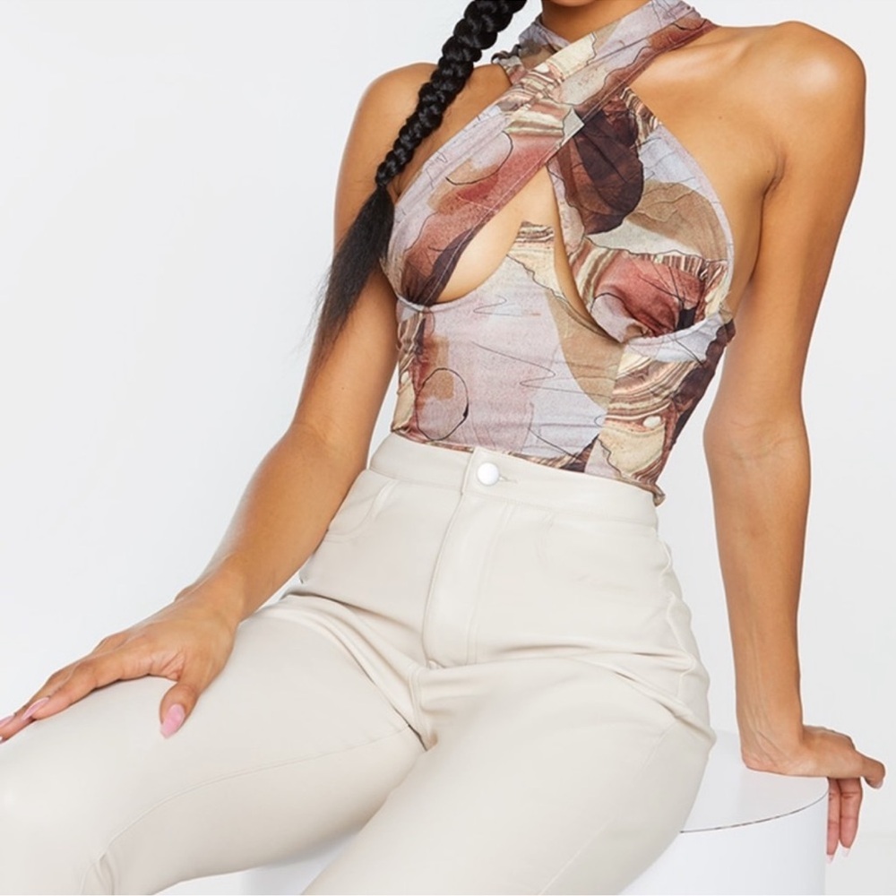PrettyLittleThing Beige and Brown Woven Top UK 12/US 8